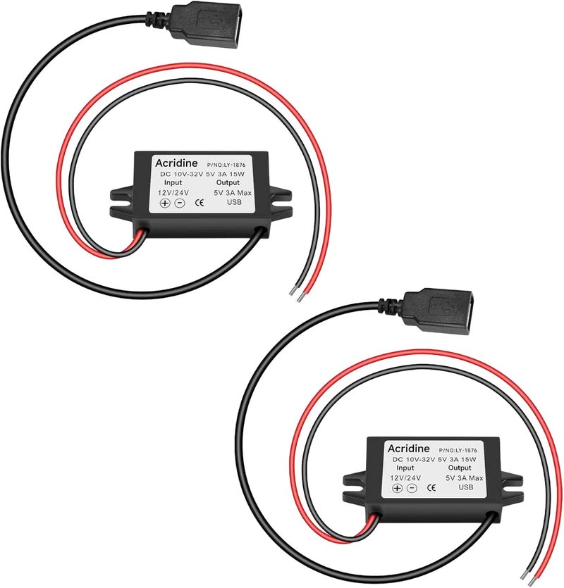 Acridine 2-Pack 12V 24V DC to 5V 3A USB Female DC Converter Adapter Buck Module - Image 1